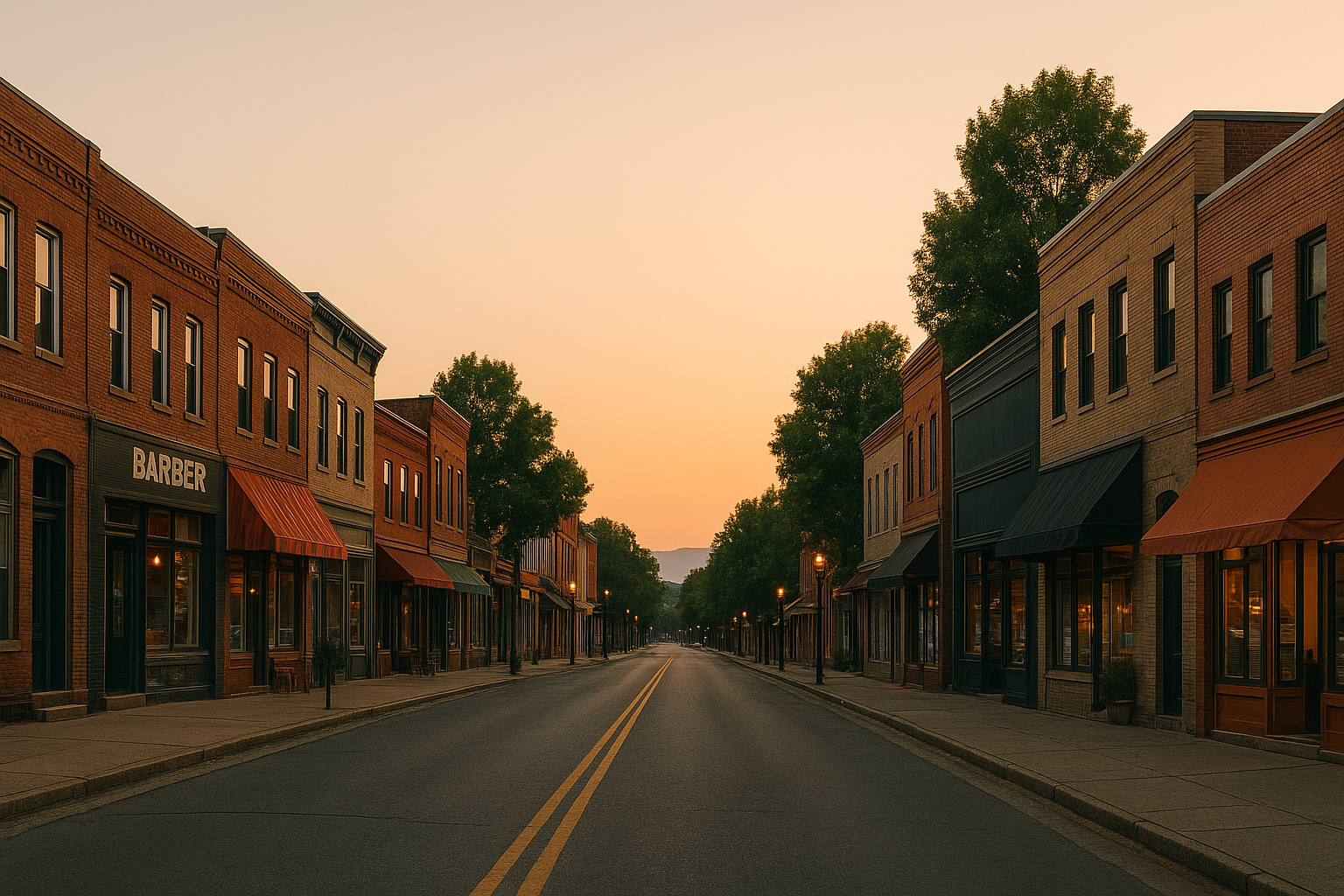 Main Street at sunset with shops and trees
